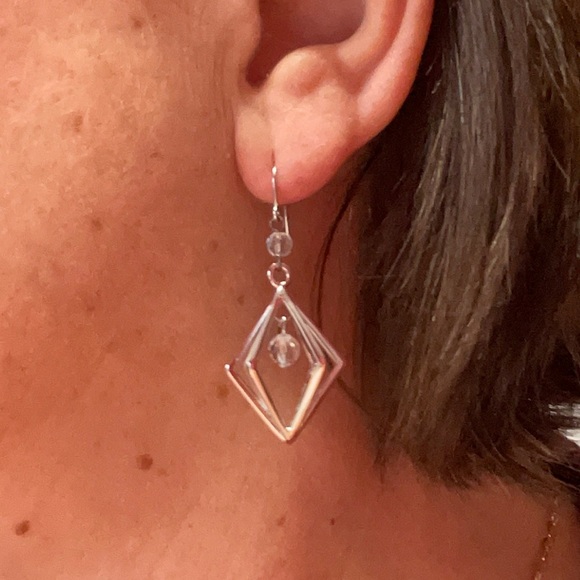 Mischa silver geometric cage drop earrings with crystals 2”. IOB - Picture 9 of 9